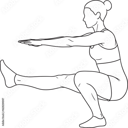 Woman performs single leg pistol squat workout training exercise line drawing.