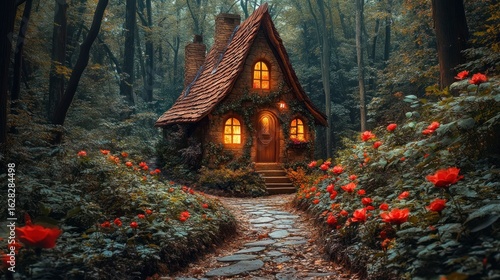 Fototapeta Naklejka Na Ścianę i Meble -  Fairy tale cottage nestled in a mystical forest