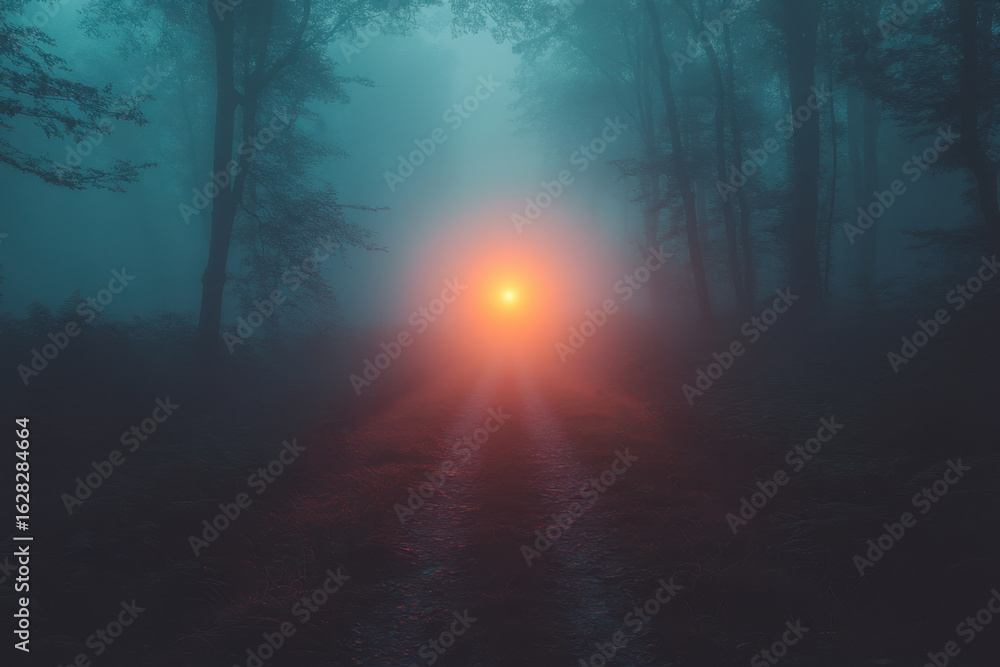 Obraz premium Bright light shining through dark forest trees.