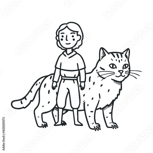 Whimsical adventure a child and their cat companion fantasy realm illustration playful scene. Vector illustration