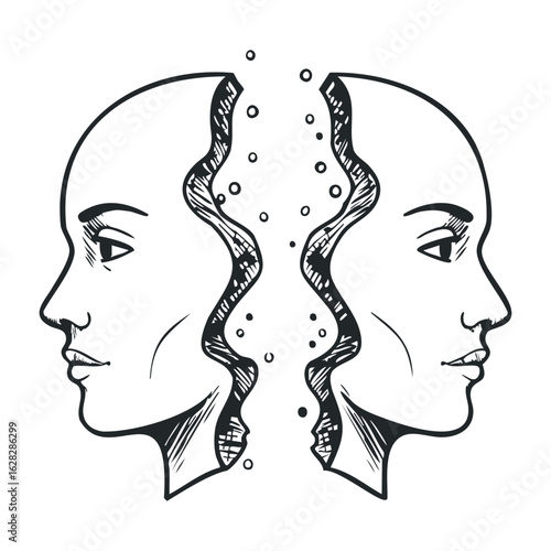 Exploring duality artistic representation of human profiles digital art abstract environment close-up view. Vector illustration