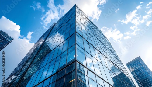 Modern Glass Skyscraper Reflecting Blue Sky and Fluffy Clouds  Upward Angle.