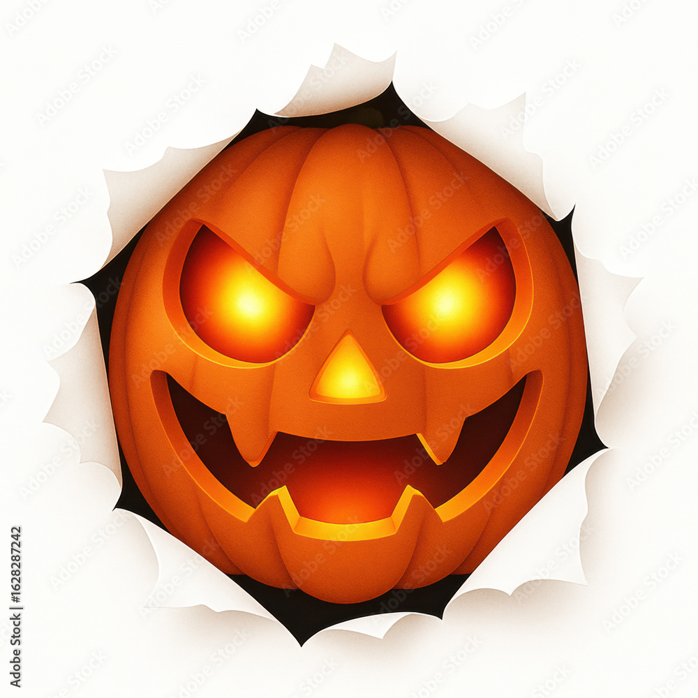 Fototapeta premium glowing jack o lantern face bursting through paper with evil grin halloween pumpkin illustration isolated on white spooky cartoon horror expression