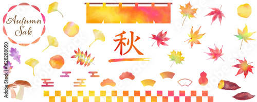 秋の水彩フレーム、アイコンセット　ベクターイラスト　紅葉　和柄　焼きいも　白バック　のれん　手描き
