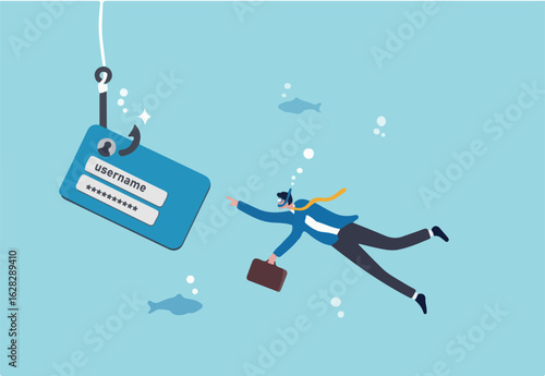 Phishing or stealing personal information, fake login screen to hack username, password, cyber security or threat website concept, businessman diving to unknown fishhook user account phishing login.