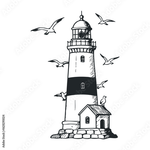 Guiding light a historic lighthouse with seagulls by the shoreline in a coastal scene. Vector illustration