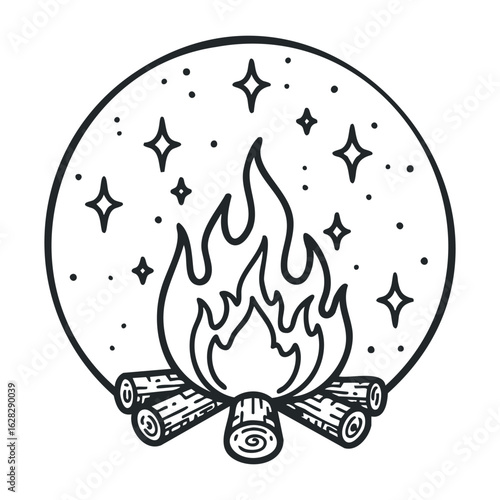 Bonfire gathering under starry night sky outdoor camping event relaxing atmosphere cozy viewpoint. Vector illustration