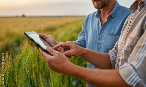 Two farmers using a tablet in a golden wheat field at sunset for agricultural planning.