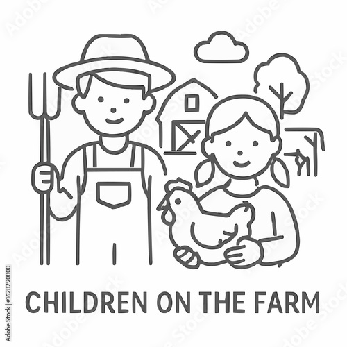 Children holding chicken and pitchfork on the farm in summer  