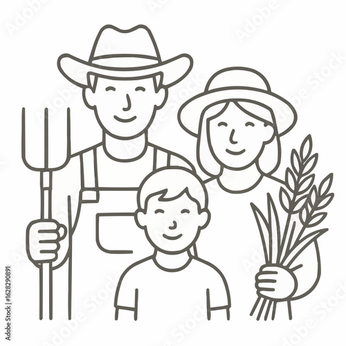 Family of farmers posing together with tools and crops  