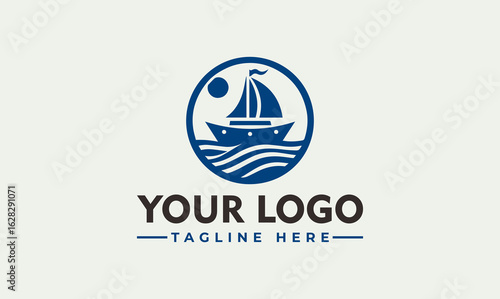 A blue sailboat sailing on wavy water under the sun, enclosed in a circle, above placeholder text.