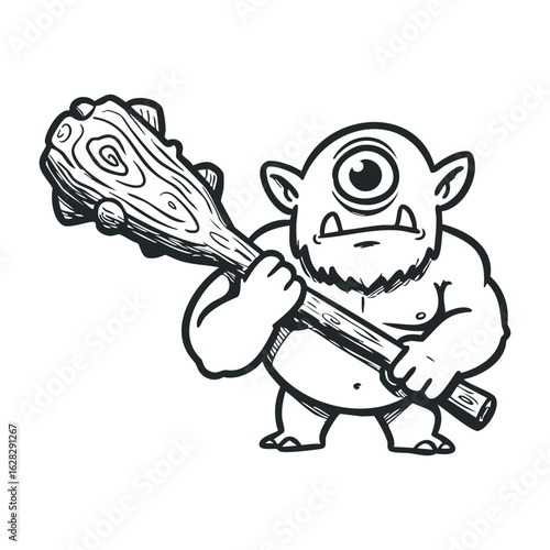 Epic battle of the one-eyed ogre fantasy realm illustration whimsical environment heroic viewpoint. Vector illustration