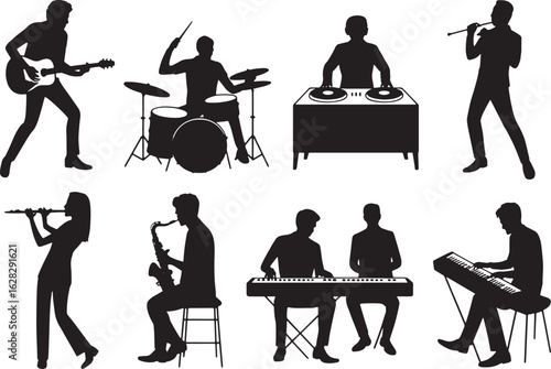 Silhouette Musicians Band Performing with Instruments Guitar Drums DJ Flute Saxophone Keyboard Group