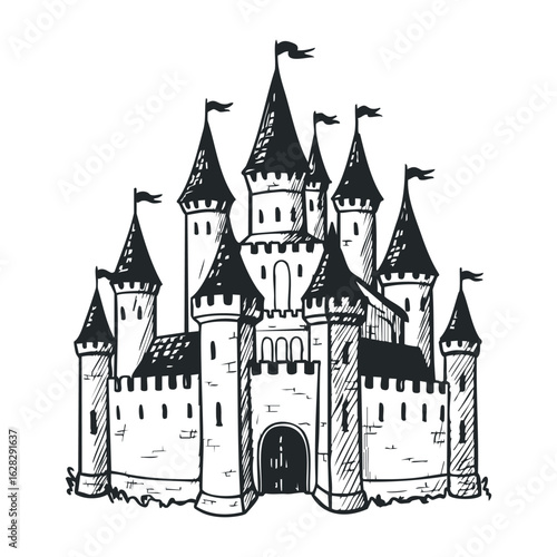 Majestic castle drawing fantasy realm illustration artistic environment side view enchantment theme. Vector illustration