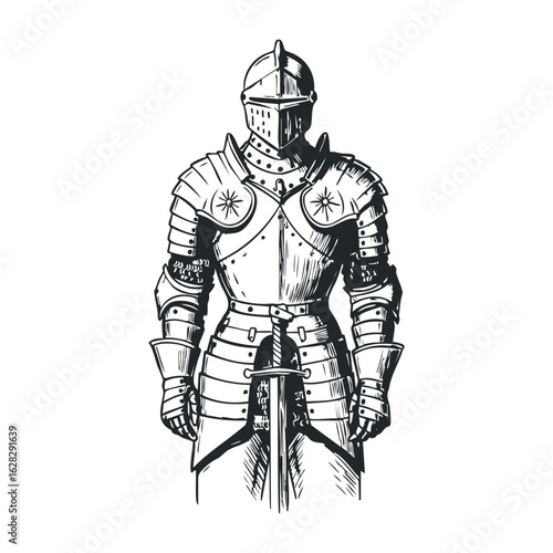 Epic medieval battle scene featuring knight in armor fantasy realm illustration dramatic lighting. Vector illustration