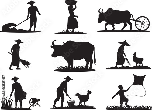 Silhouette of a Farmer Working in the Field with Traditional Tools and Methods in Rural Setting