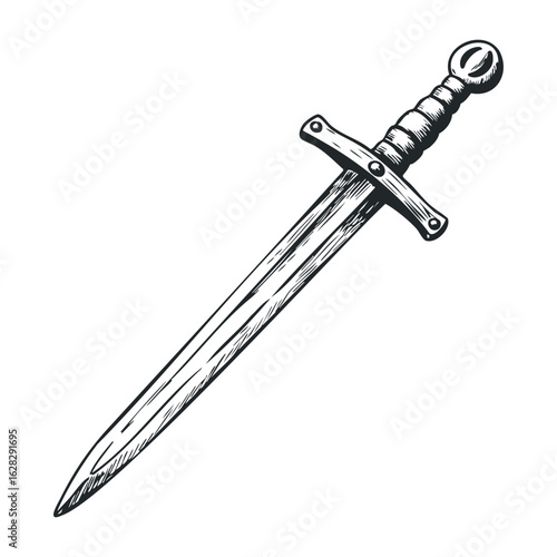 Medieval sword display historical exhibit illustration artistic environment close-up view weaponry concept. Vector illustration