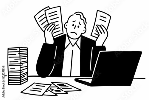 Small business owners are experiencing financial crisis, high costs, bank debt, overspending concept. A man sitting at a desk looking at a laptop screen while holding receipts feels desperate after ca