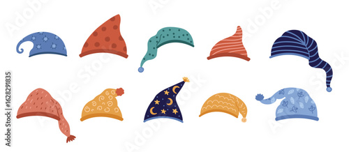 Gnomes hats collection. Different dwarves head accessories. Isolated dwarf hat for sleep various design. Cartoon nightcaps, vector clipart