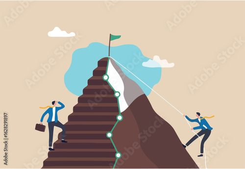Easy and hard way to success, journey to achieve target or mission accomplish, choosing path to succeed, way to reach business goal concept, businessmen compete easy and hard way to climb mountain.