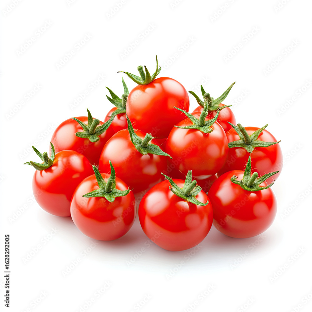 Fresh red cherry tomato cluster with green stems on white Fresh red cherry tomato cluster with green stems on white