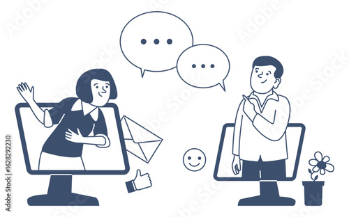 People online communication. Personal or business video call. Man and woman talking via internet, modern digital relationship, dialogue recent vector scene