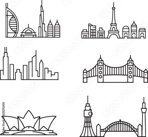 World Famous City Skyline Landmarks in Linear Style A Collection of Iconic Buildings and Structures