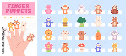 Paper finger puppets. Funny toys for cutting and play for children. Templates of bee fox bear cat lion pig giraffe monkey mushroom, racy vector set