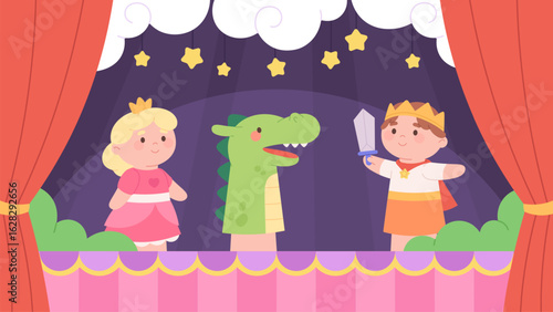 Finger dolls theater. Soft puppets on hands on stage, children fairy tale scene with prince with sword, princess and dragon. Performance racy vector concept