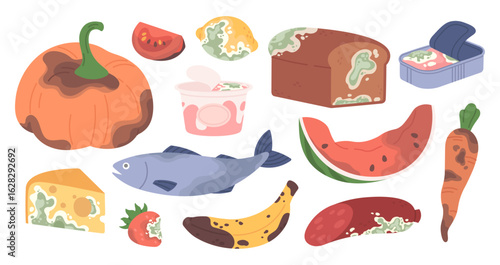 Damaged food. Cartoon expired products, organic garbage ingredients. Rotting vegetables and fruits, dairy, cheese and preserves with mildew. Racy vector set