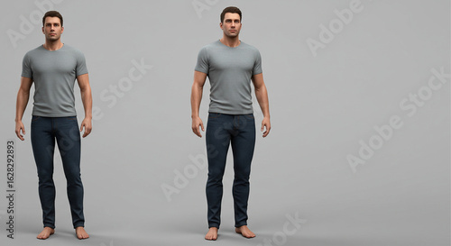 Two poses of a male digital avatar in casual clothing. 3D character model of a virtual man standing on a grey studio background.