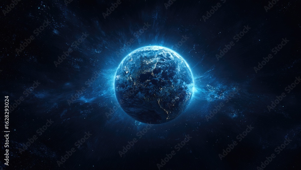 Fototapeta premium Earth, bathed in ethereal blue light, surrounded by cosmic energy