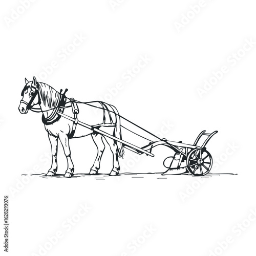 Horse pulling plow in agricultural field black and white illustration vintage farming scene. Vector illustration
