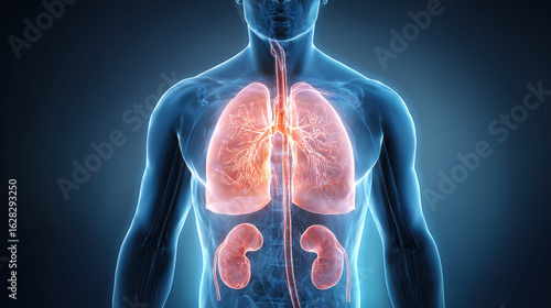a man showing the heart prominently in the center, the lungs behind the heart, both the left and right kidneys