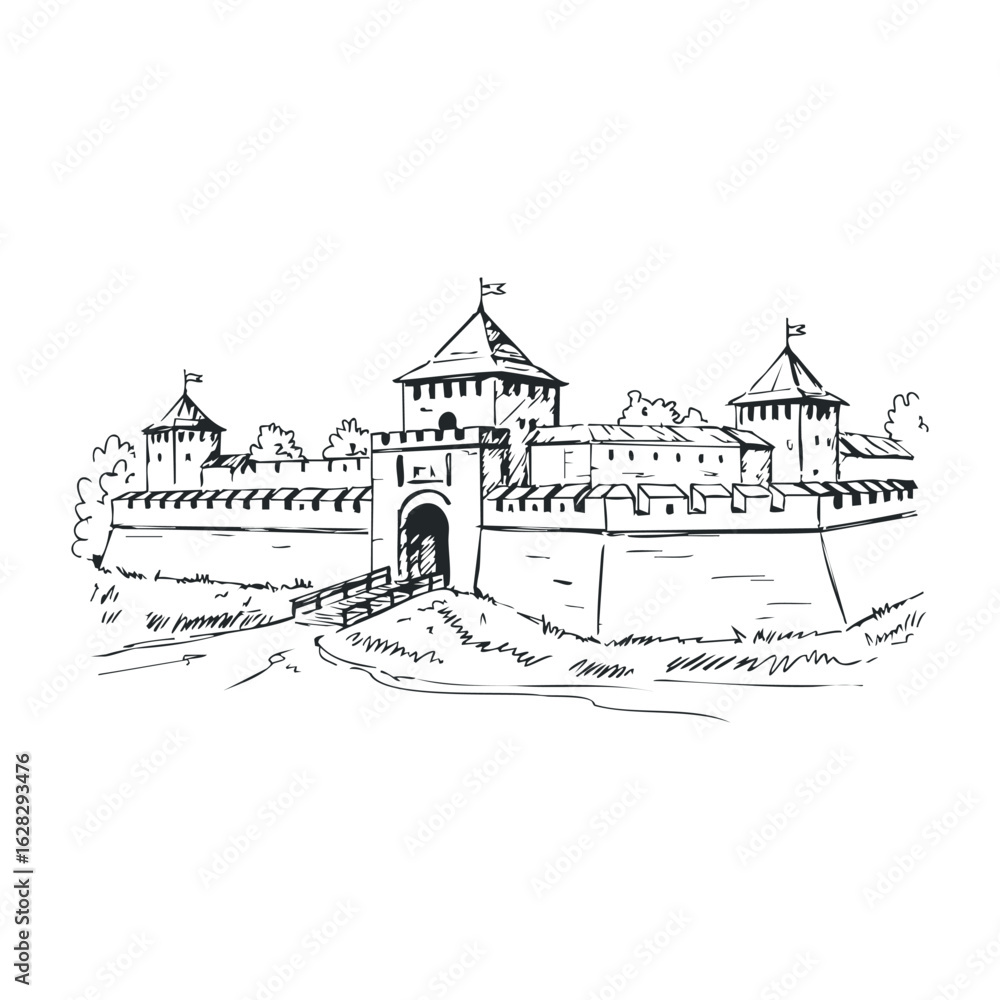 Fototapeta premium Historic castle fortress medieval architecture hand-drawn illustration tranquil landscape artistic viewpoint. Vector illustration