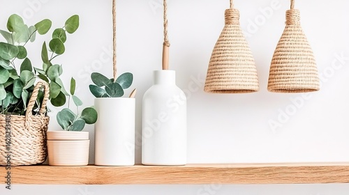 Shelf display with plants and lamps