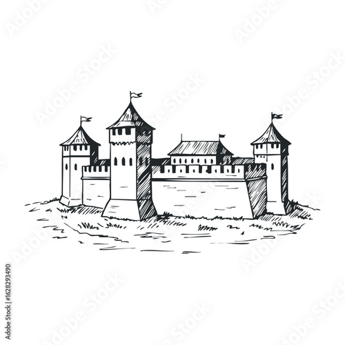 Historic castle architecture medieval landscape sketch art imaginary realm artistic perspective. Vector illustration