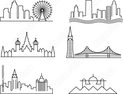 Iconic City Skyline Landmarks in Linear Style A Collection of World Famous Buildings and Structures
