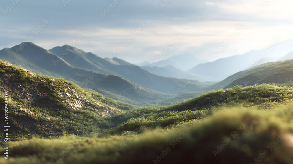 Fototapeta premium Scenic mountain landscape with rolling green hills and a peaceful valley