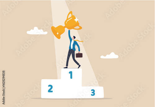 Business winning first place, success or victory, award winner or achievement, champion trophy or career success concept, proud businessman holding winner trophy on first place podium with spotlight.