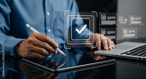Professional Reviewing Digital Documents And Approving Tasks With A Stylus On A Tablet, Modern Technology Concept