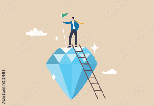 Value proposition, company value in marketing term of benefit for customer to buy product and service, quality or advantage concept, businessman holding winning flag on precious high value diamond.