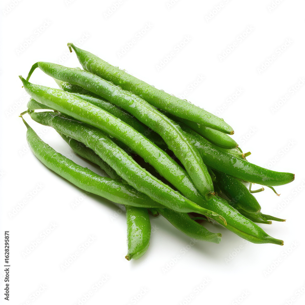 Fresh green beans with water droplets isolated on white background Fresh green beans with water droplets isolated on white background