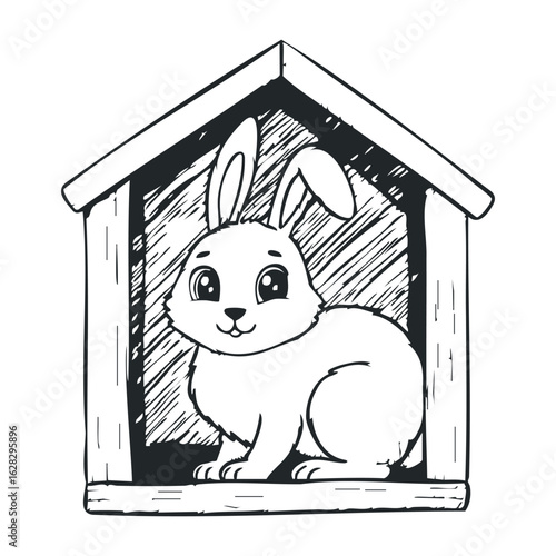 Playful rabbit in cozy house indoor setting illustration cute animal whimsical style. Vector illustration