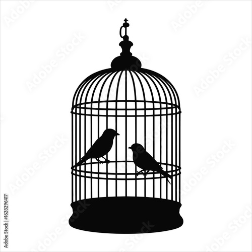 Silhouette of a vintage birdcage with two small birds perched inside against a white background