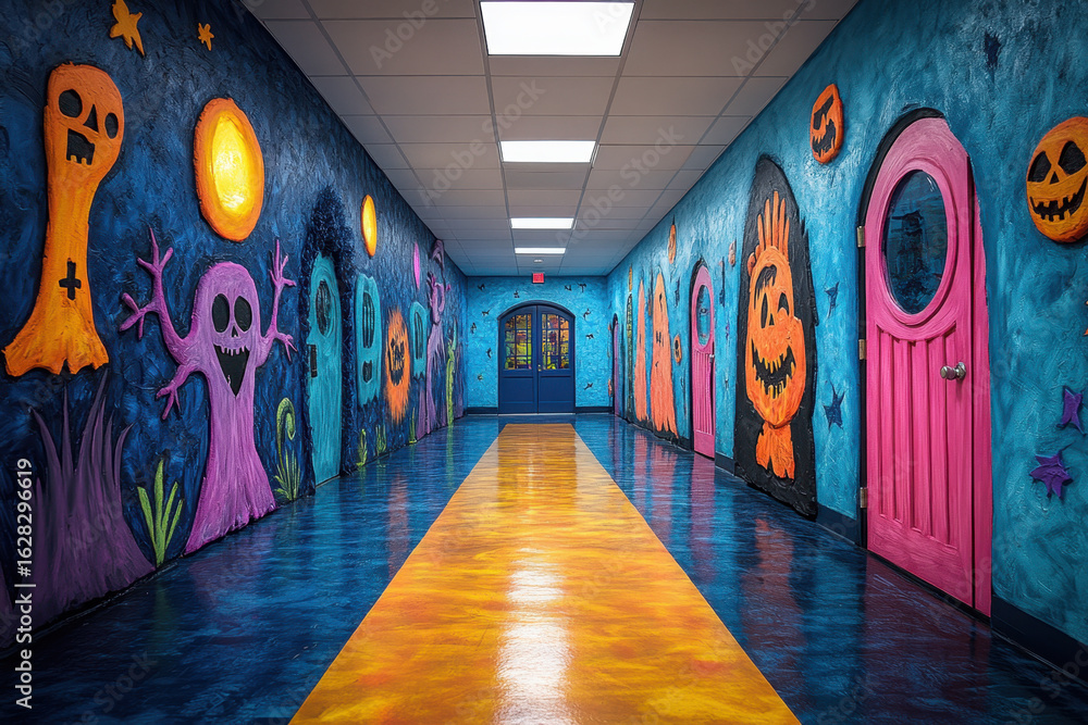 Fototapeta premium Colorful hallway with vibrant murals.