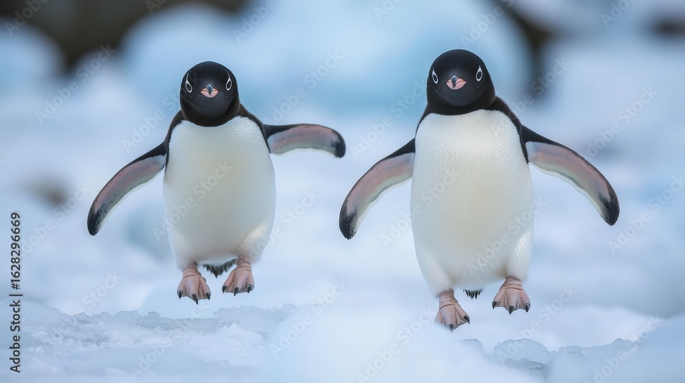 Obraz premium Two Adelie penguins balancing on ice