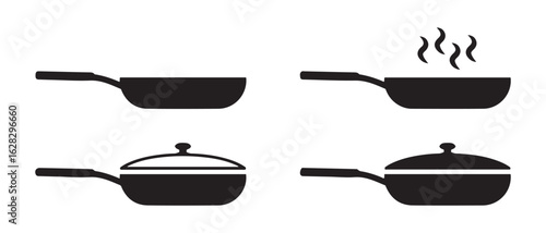 Frying Pan Silhouette Set. Cooking Pan Icons with Steam, Lids, and Knob Variations.