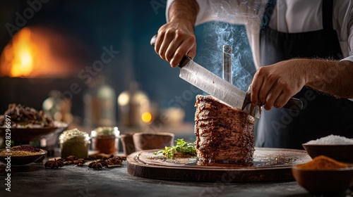 A Turkish chef slicing roasted doner kebab meat with  sharp knife