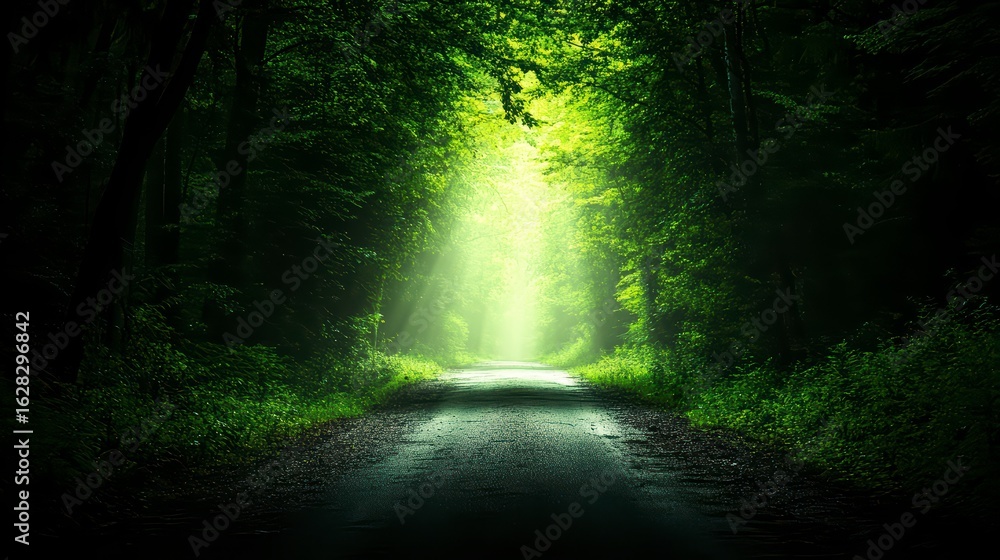 Obraz premium Forest path with a bright sun shining through the trees